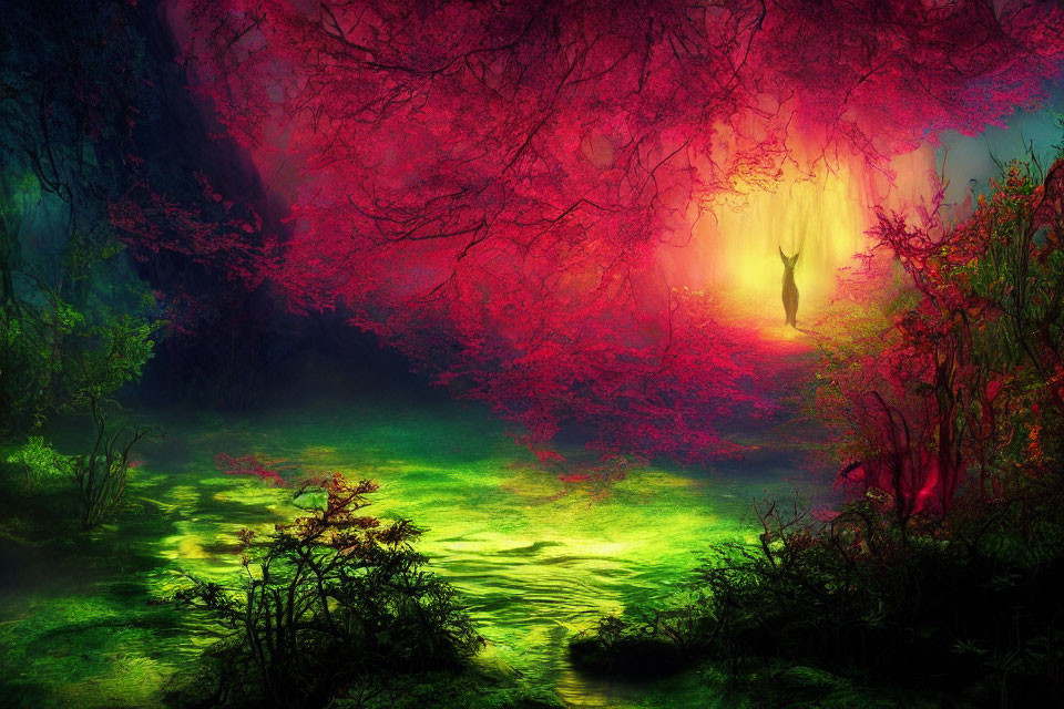 Mystical forest scene with vivid red and green hues and a deer silhouette under ethereal light