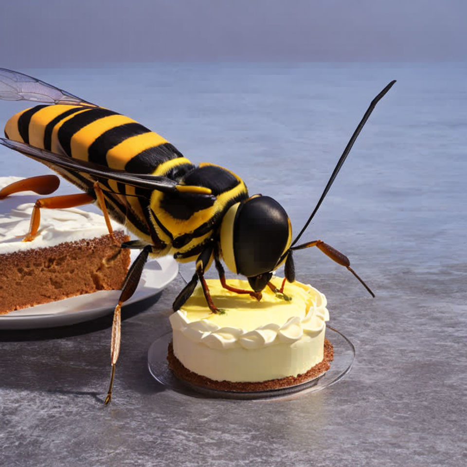 Giant wasp on creamy cake with slice cut out on plain surface.