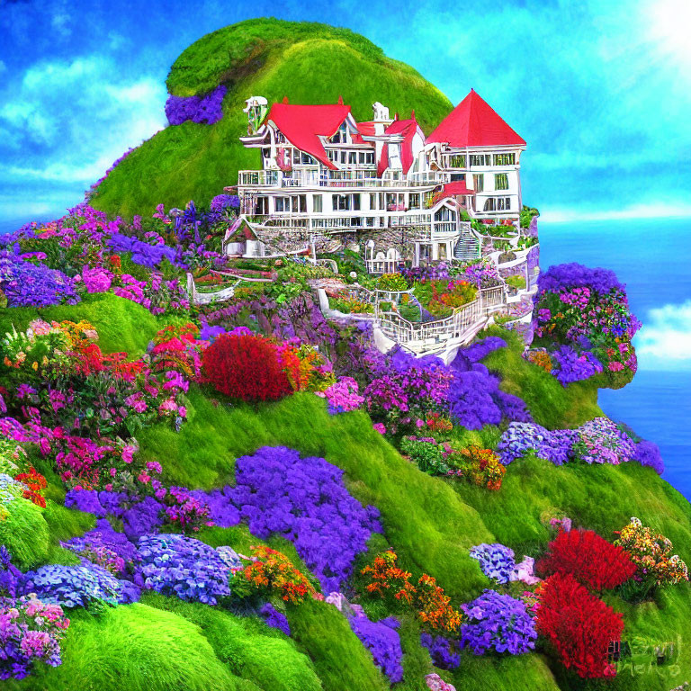 Colorful Artwork of White House on Hill with Vibrant Flowers