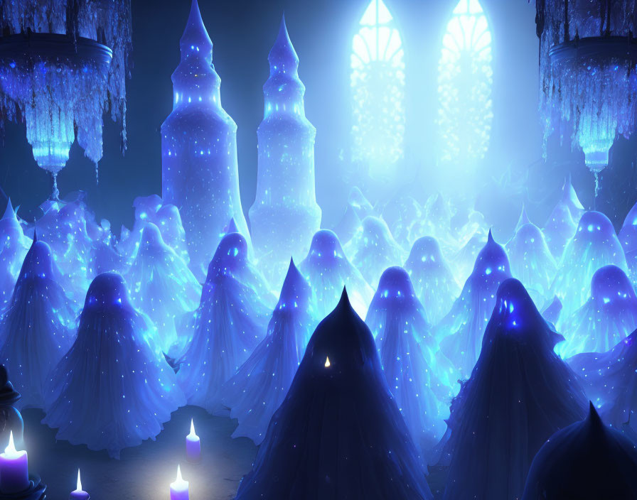 Mysterious cloaked figures in cathedral setting with blue lights