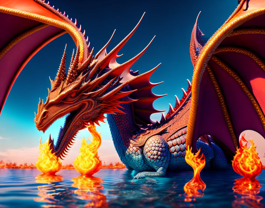 Majestic dragon with intricate scales and large wings by fiery water.