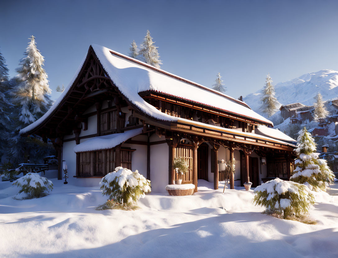 Snow-covered traditional house with sloped roof and trees in winter scene