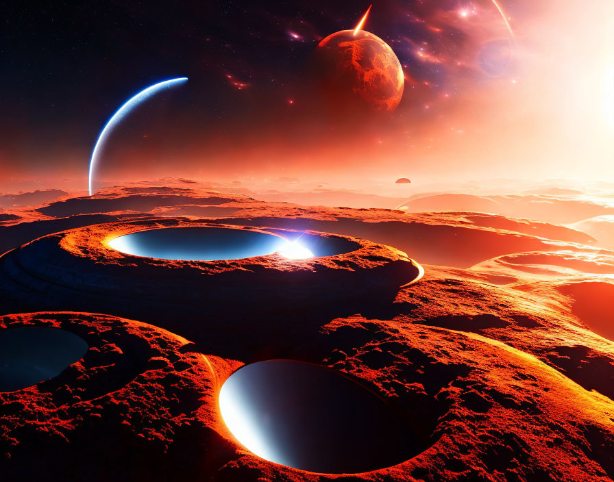 Futuristic sci-fi landscape with glowing lava and distant planets