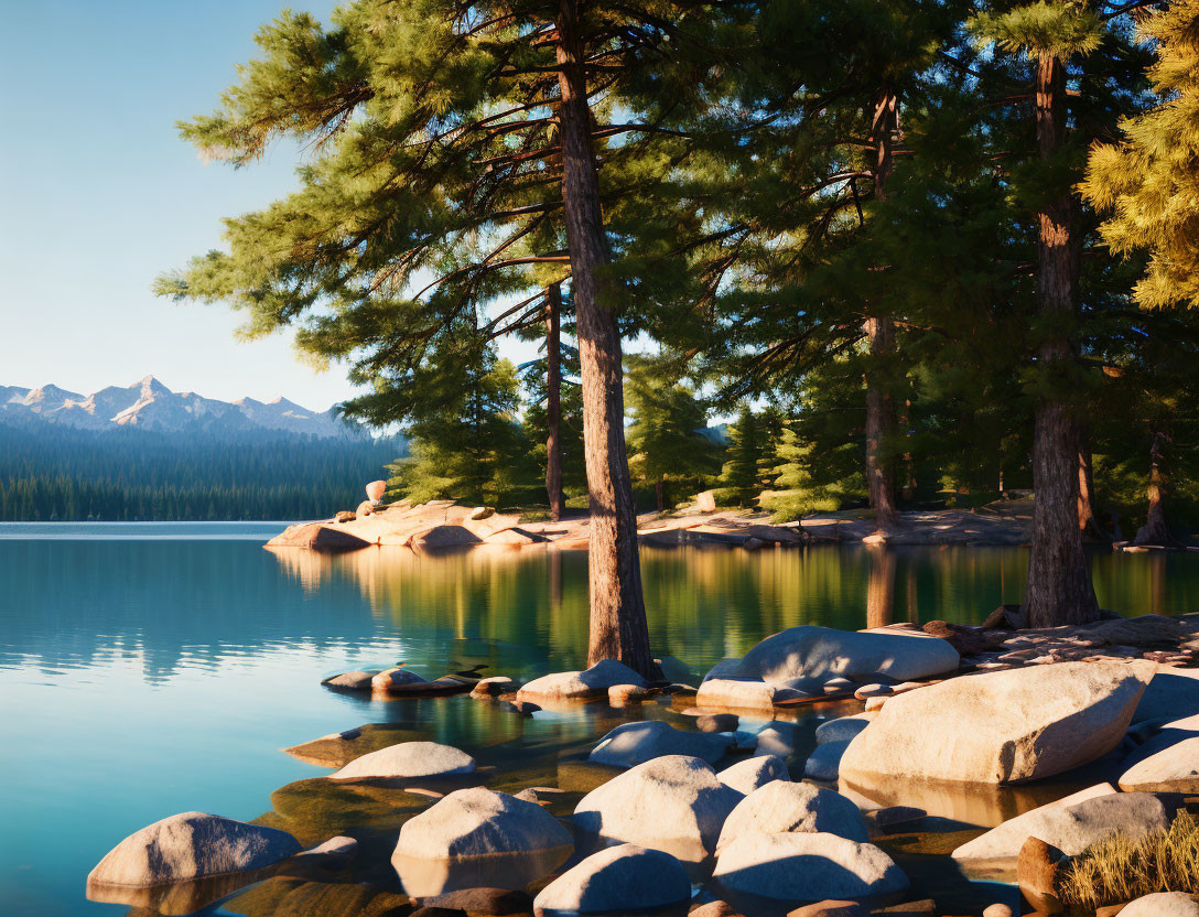 Tranquil lakeside scene with pine trees, boulders, and mountain range in warm sunlight