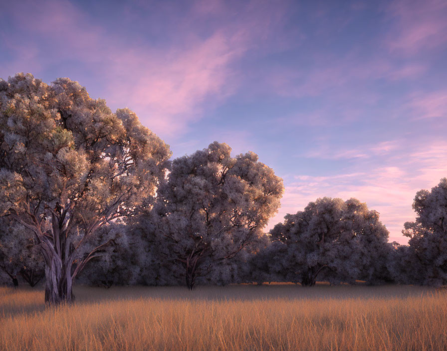 Tranquil twilight landscape with tall trees and golden grass