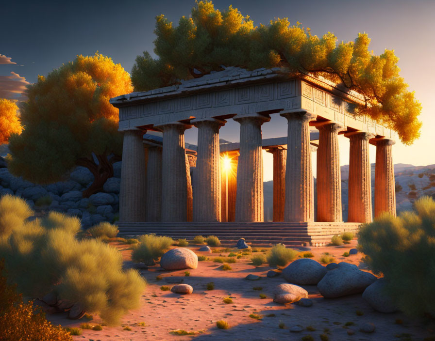 Ancient Greek temple in desert landscape at sunrise