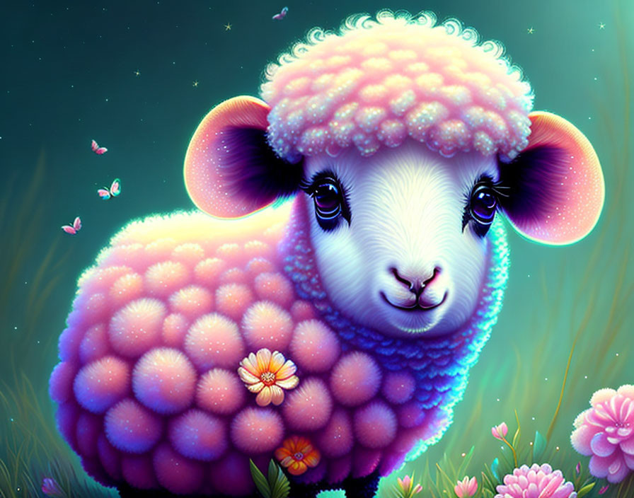 Whimsical pink sheep surrounded by flowers and butterflies