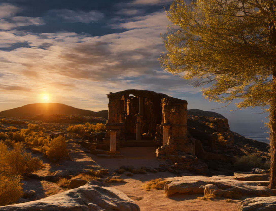 Warm Light Bathes Ancient Ruins in Golden Sunset Glow