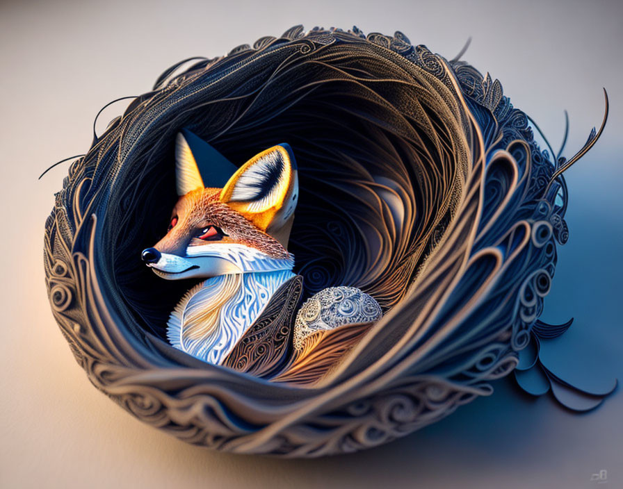 Colorful Fox in Intricate Paper Art Nest