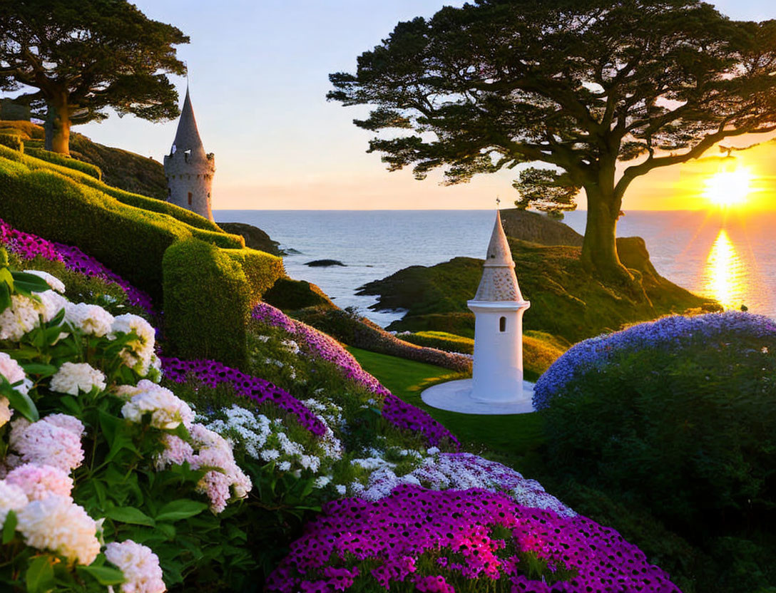 Vibrant flower garden by the sea with castle turret and white lighthouse