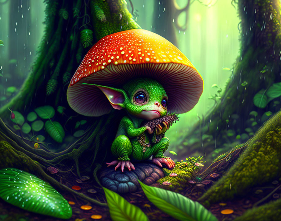 Green creature sheltered under mushroom with tiny dragon in mystical forest