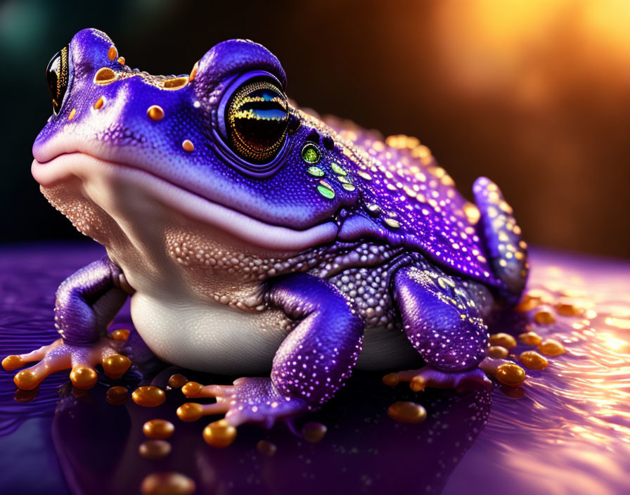 Colorful Purple Frog Artwork on Reflective Surface with Water Droplets