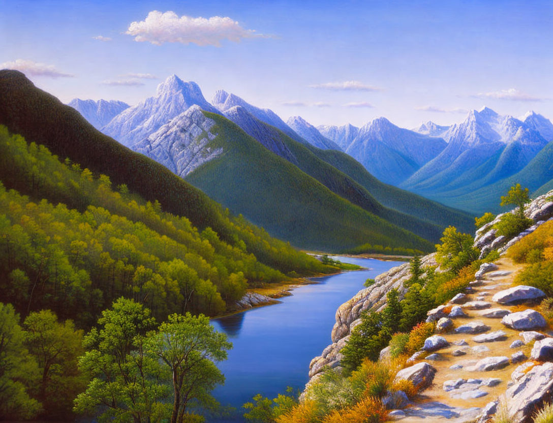 Scenic landscape painting: river, forest, snowy mountains, rocky foreground