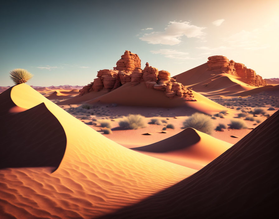 Scenic desert landscape with golden sand dunes, rock formations, and sparse vegetation