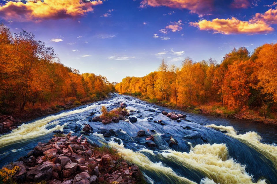 Scenic autumn landscape with river, cascades, golden trees, and blue sky