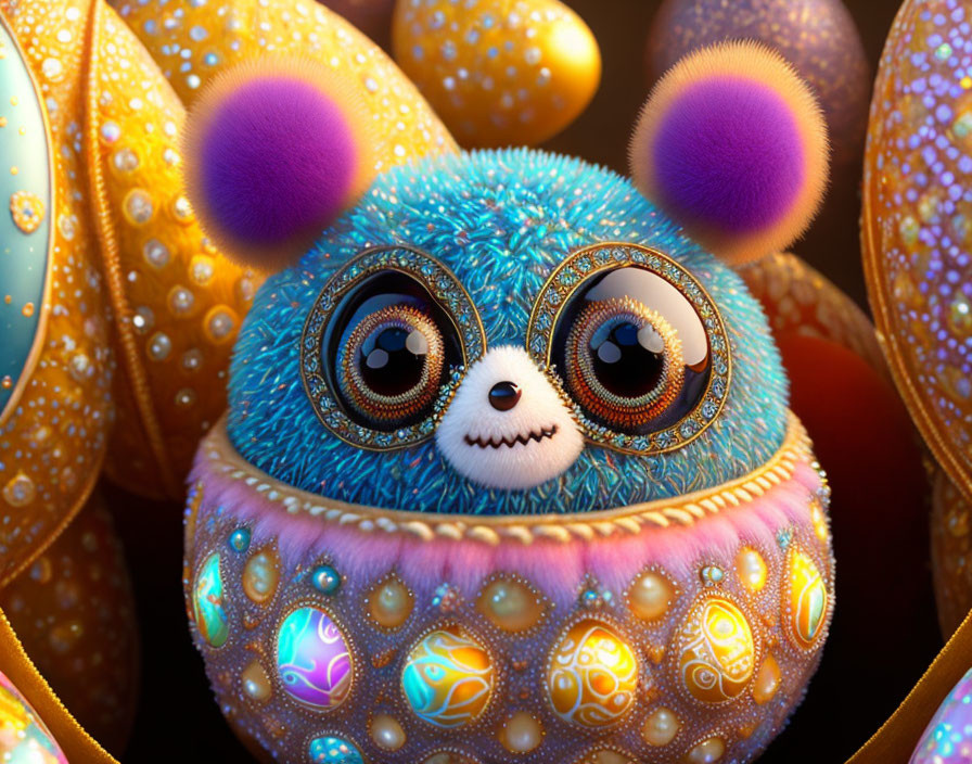 Fluffy Blue Creature with Sparkling Eyes Among Easter Eggs