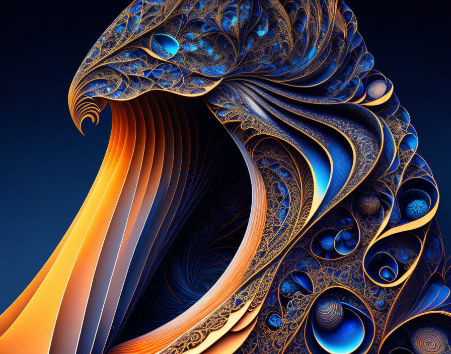 Intricate Blue and Orange Fractal Patterns in Digital Art