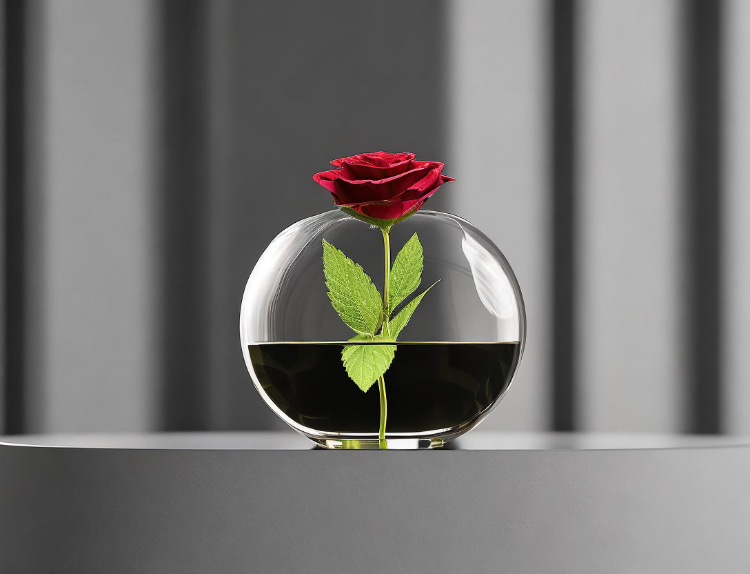 Red Rose in Glass Vase Against Grey Background