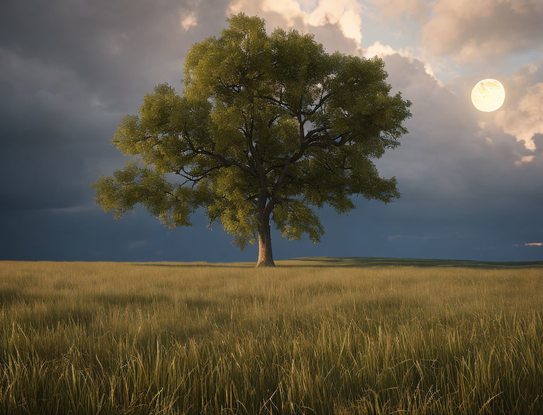 Solitary tree in golden field under dramatic sky with full moon