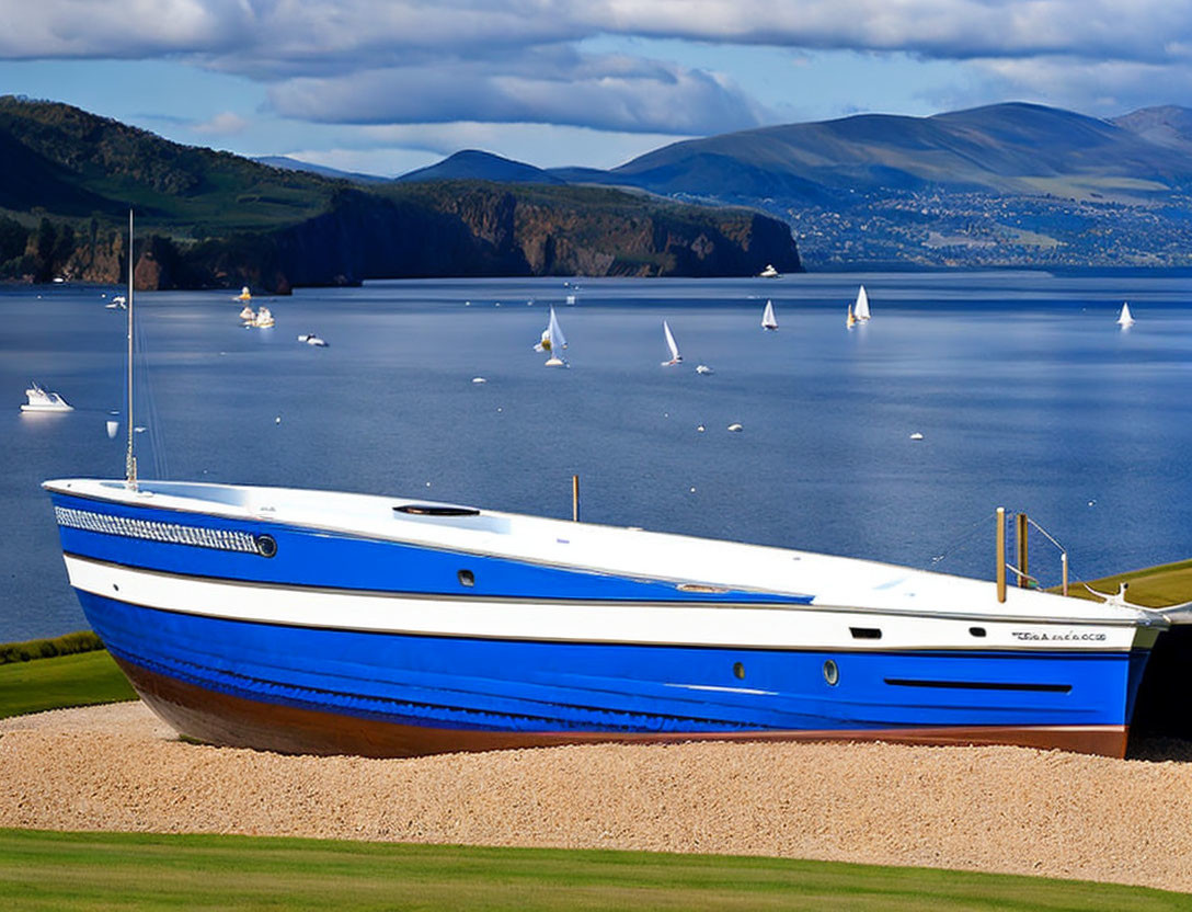 Blue and White Boat on Dry Land with Sailboats and Green Hills