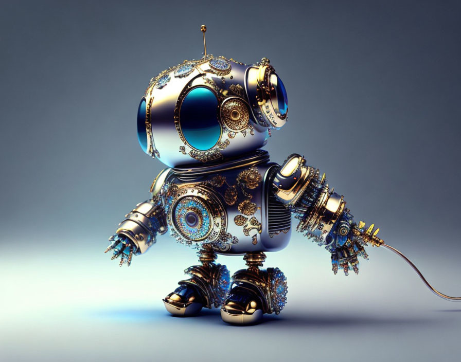 Luxurious Steampunk-Style Robot with Gold and Blue Details on Neutral Background