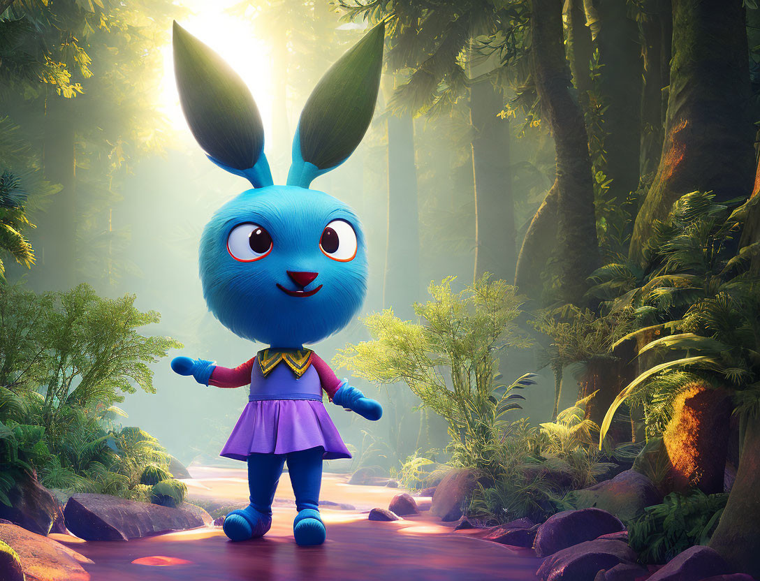 Colorful digital art: anthropomorphic blue rabbit in purple dress in enchanted forest