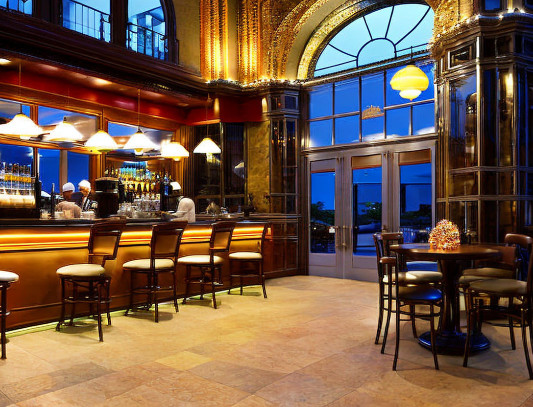 Sophisticated bar with wooden counter, bar stools, golden mirrors, warm lighting, and large windows