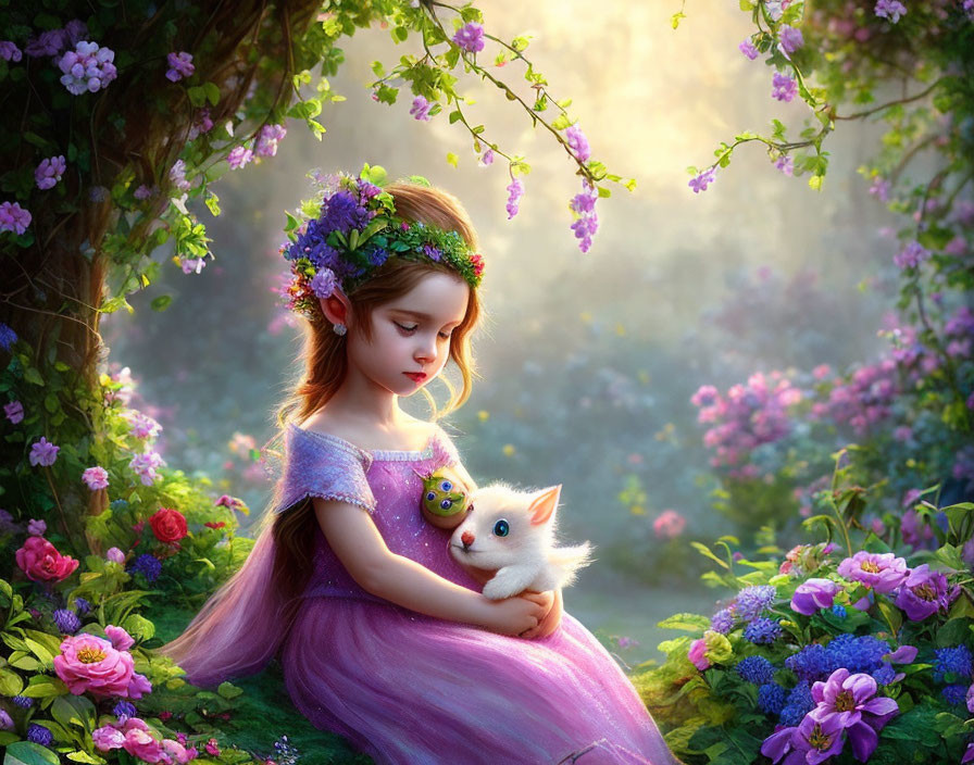 Young girl with floral crown and kitten in flower garden.