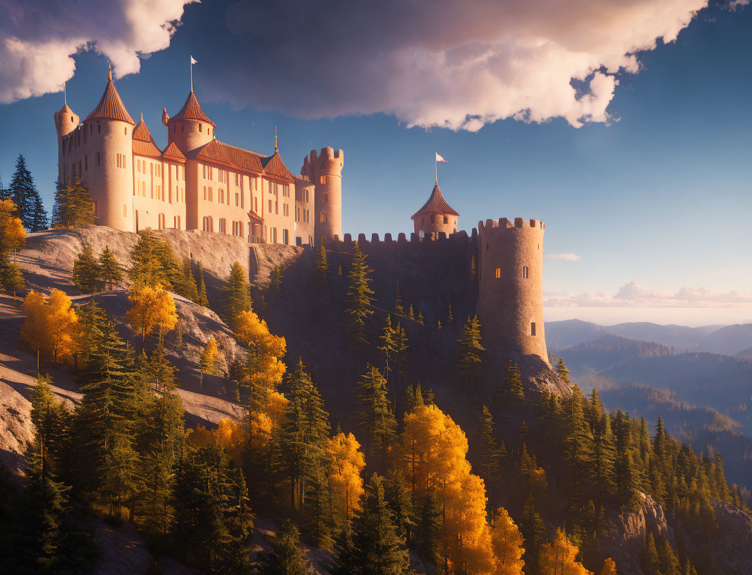 Majestic castle on hill with autumn trees and mountains in golden light