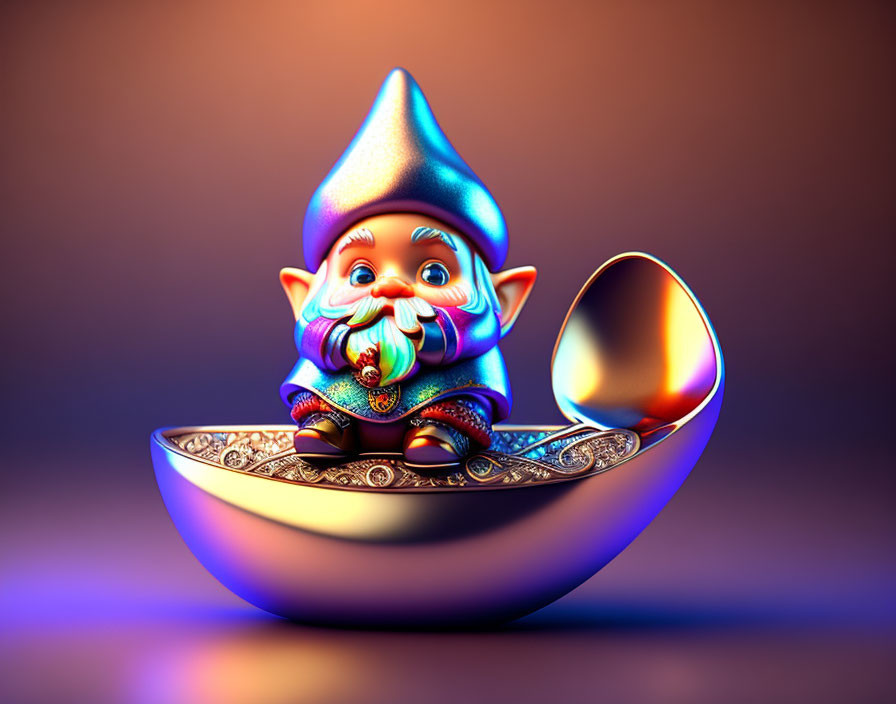 Colorful Bearded Gnome Inside Ornamental Egg on Gradient Background