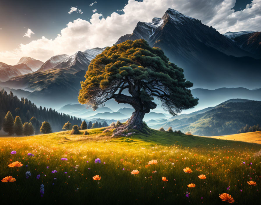 Lone tree on hill with mountains and sun rays over flowers