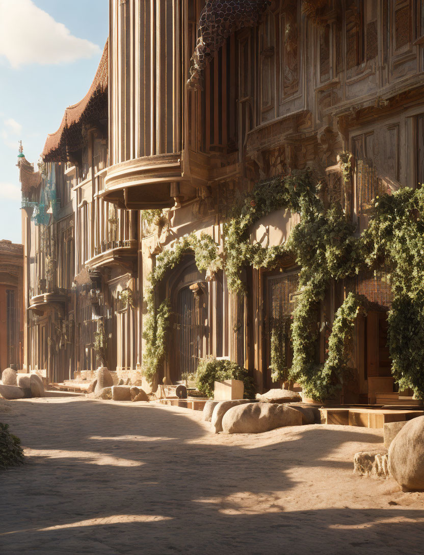 Medieval street with cobblestones and wooden buildings under blue sky