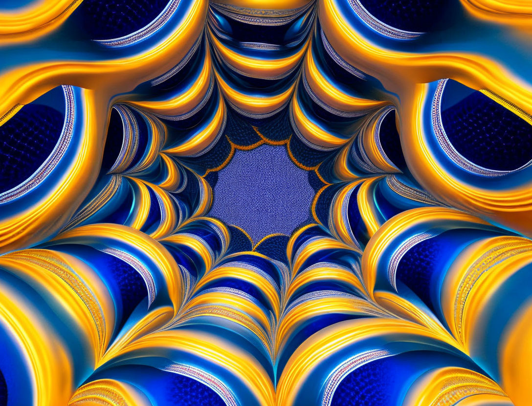 Symmetrical blue and gold fractal design with 3D tunnel effect