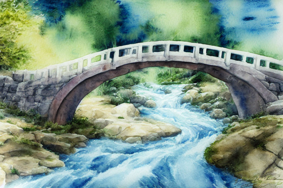 Watercolor painting of arched stone bridge over blue stream surrounded by green foliage