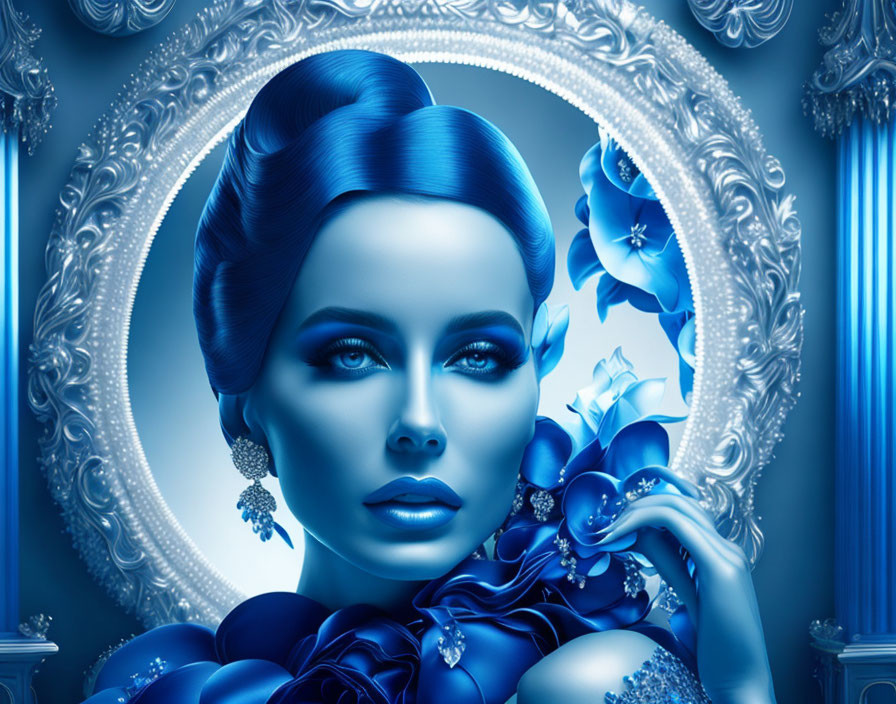 Monochromatic blue digital art: Woman with elegant hairstyle, ornate mirror, flowers.