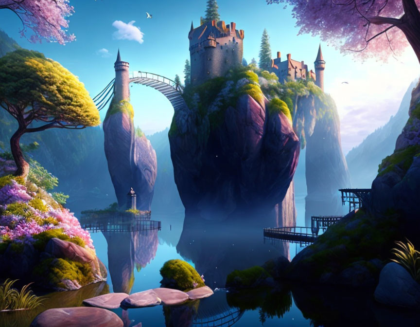 Fantasy landscape with castle on cliffs, curved bridge, lush flora, tranquil waters.