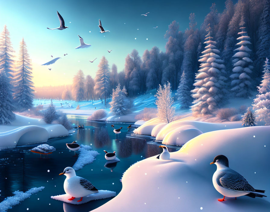 Snow-covered winter landscape with flying seagulls and frozen river