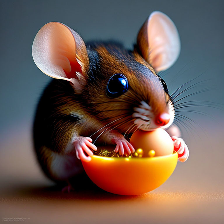 Adorable mouse eating corn from yellow bowl