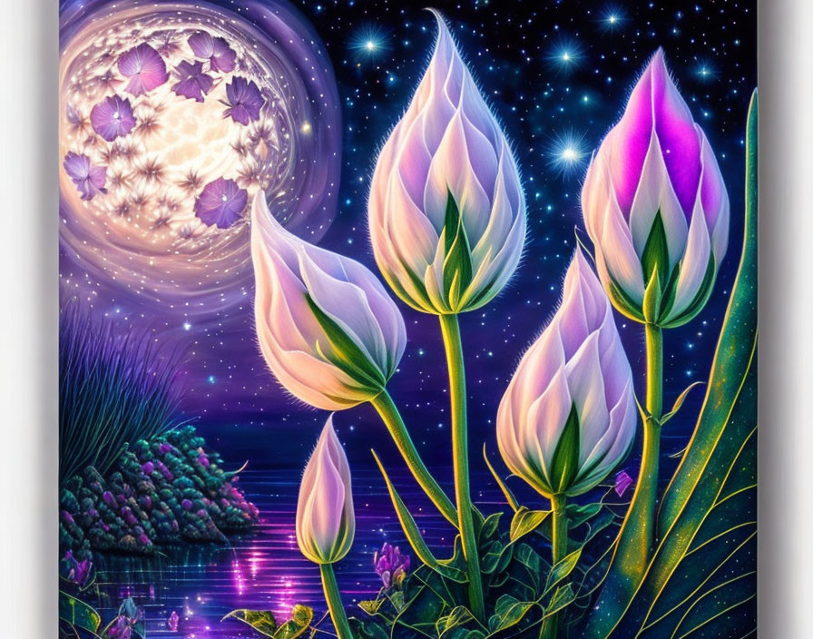 Fantasy landscape with luminescent flowers, moon, and lake