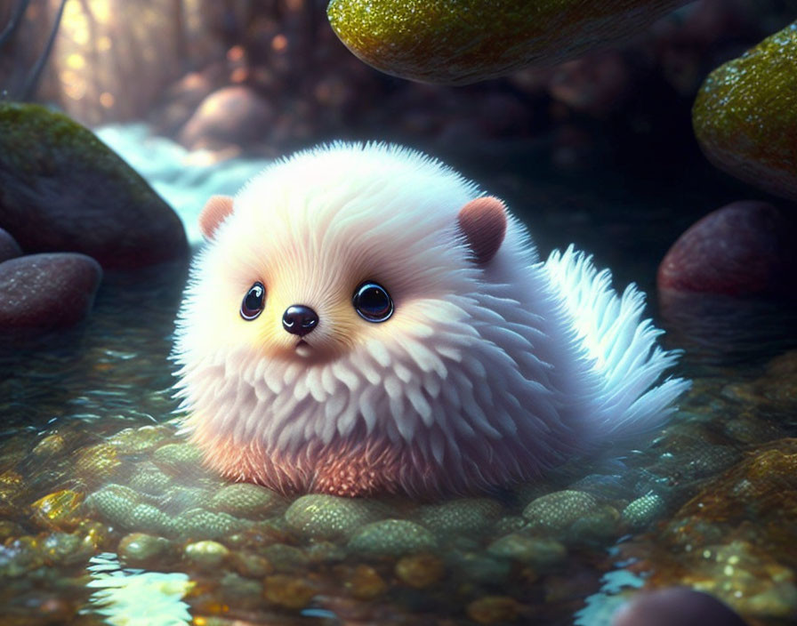 Fluffy fantasy creature with big eyes by rocky stream