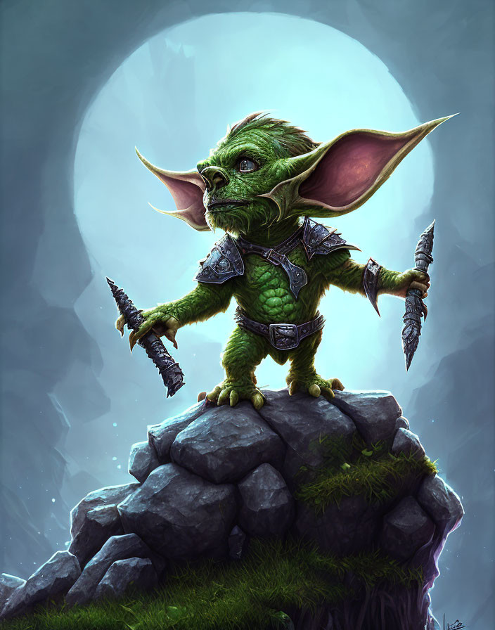 Green-skinned goblin with daggers on rock in moonlit scene