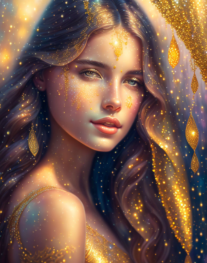 Fantastical portrait of woman with golden sparkles and mystical aura