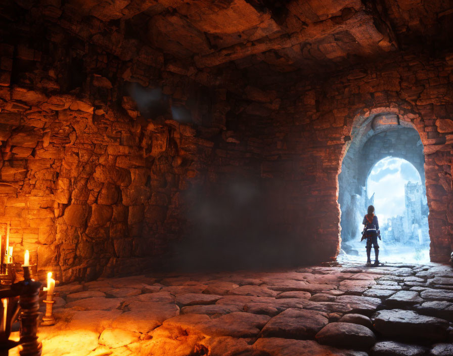 Armored figure in candle-lit stone chamber under full moon