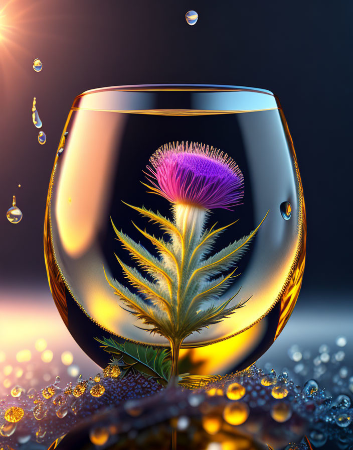 Vivid thistle in amber liquid with luminescent droplets on dark background