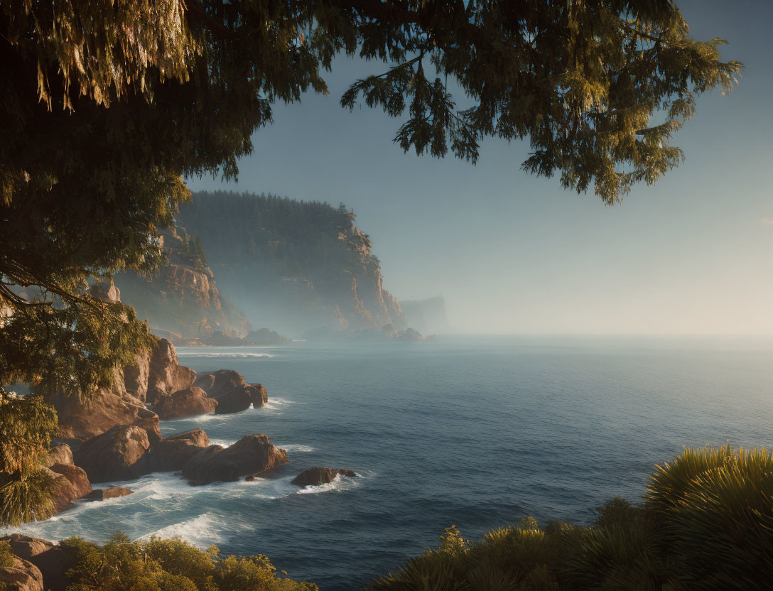 Sunlit cliffs and misty waters in tranquil seascape