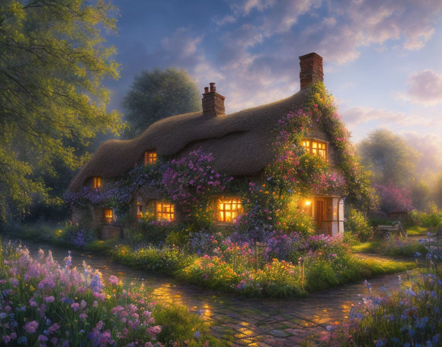 Thatched-roof cottage in lush garden at twilight