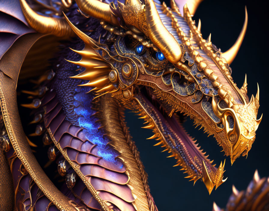 Detailed 3D illustration: Dragon with golden horns, blue scales, ornate armor, dark backdrop