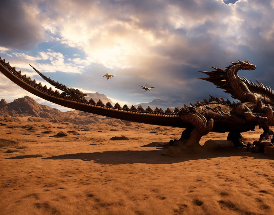 Massive dragon with spiked tail in desert landscape with flying dragons