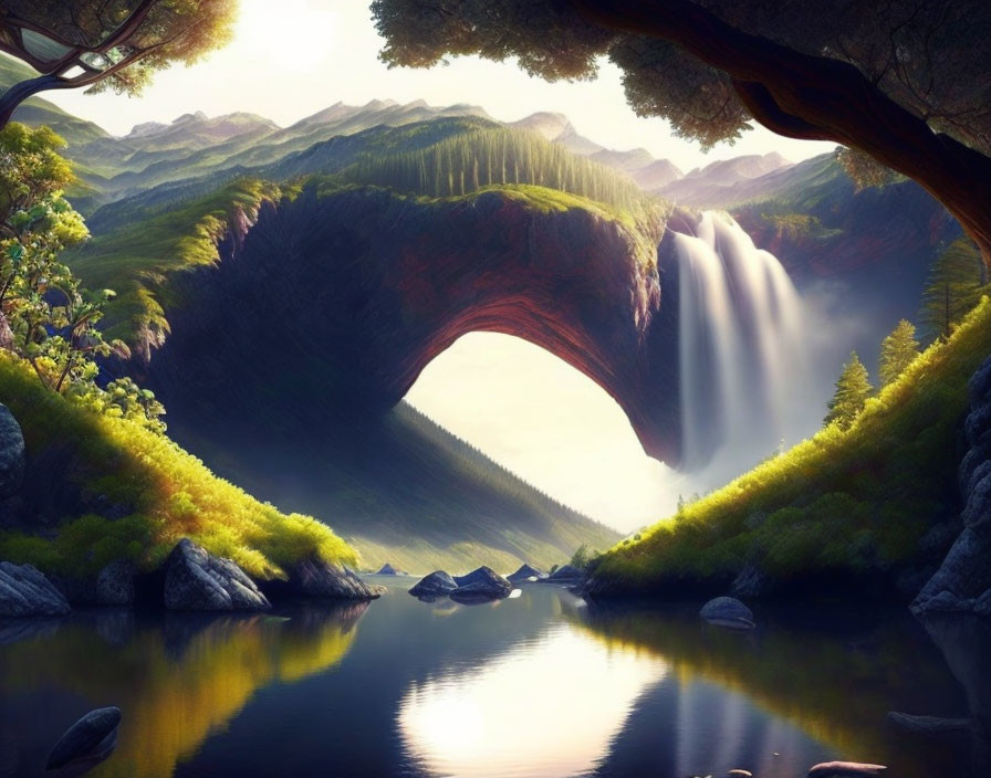 Tranquil landscape with natural arch, waterfall, lush greenery, mountains, and river.