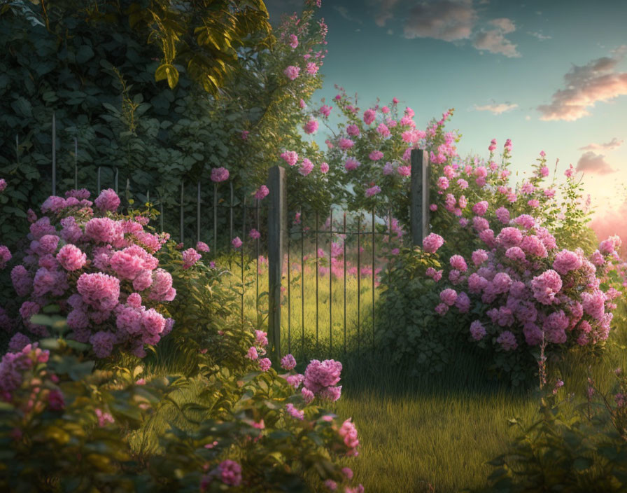 Pink Hydrangeas and Green Foliage in Sunset Garden